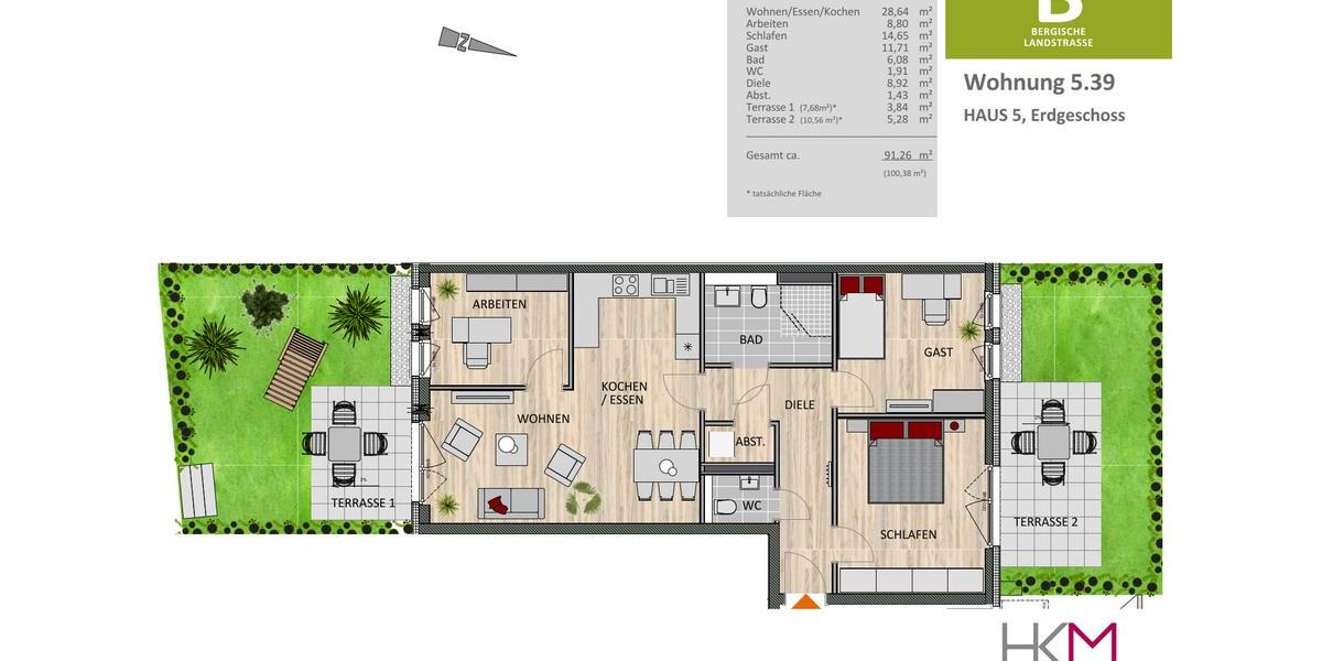 Erdgeschoßwohnung Leverkusen Schlebusch - 4 Zimmer, 91 m&sup2;, 1.500&euro; | Angebot:25407808