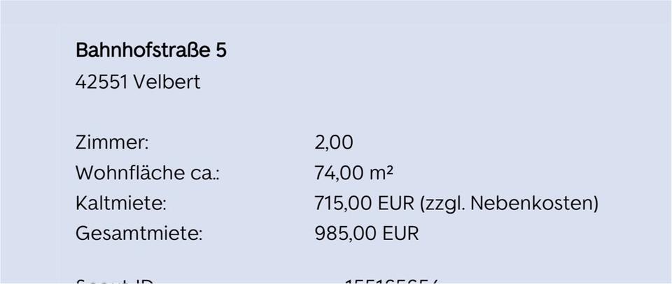 Etagenwohnung Velbert Velbert-Mitte - 2 Zimmer, 74 m&sup2;, 985&euro; | Angebot:24803259