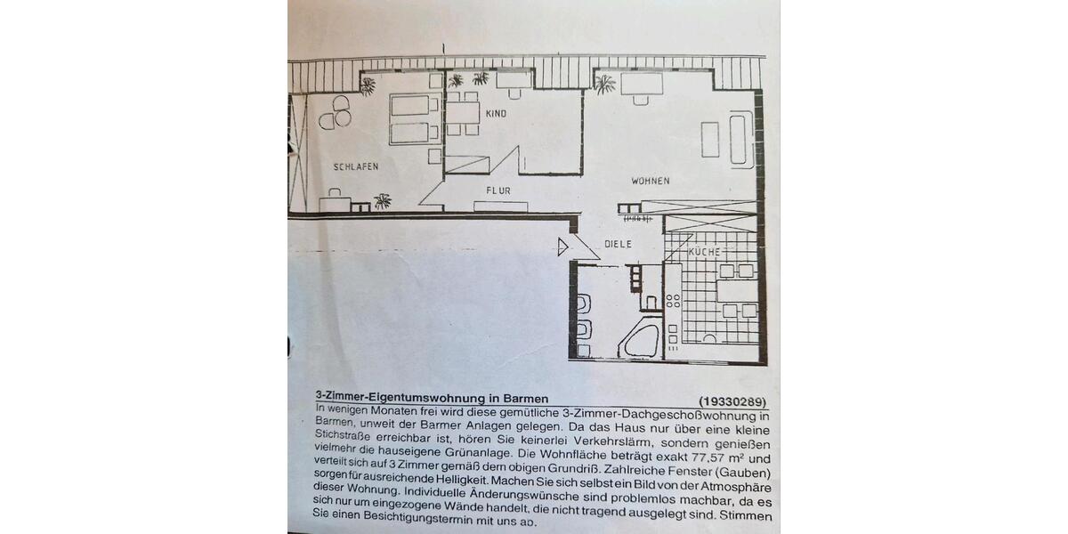 Dachgeschoßwohnung Wuppertal Gemarkung Barmen - 3 Zimmer, 77 m&sup2;, 125.000&euro; | Angebot:26580656