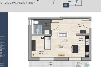 45 m² 1-Z. Exklusive Balkon Wohnung 1 zimmer