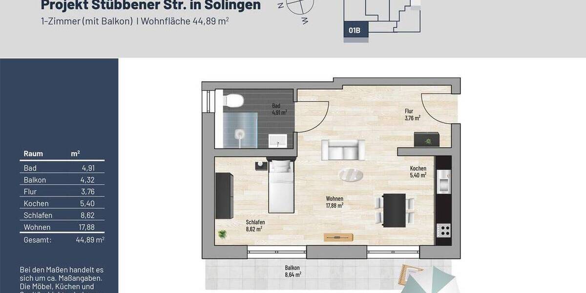 45 m² 1-Z. Exklusive Balkon Wohnung 1 zimmer