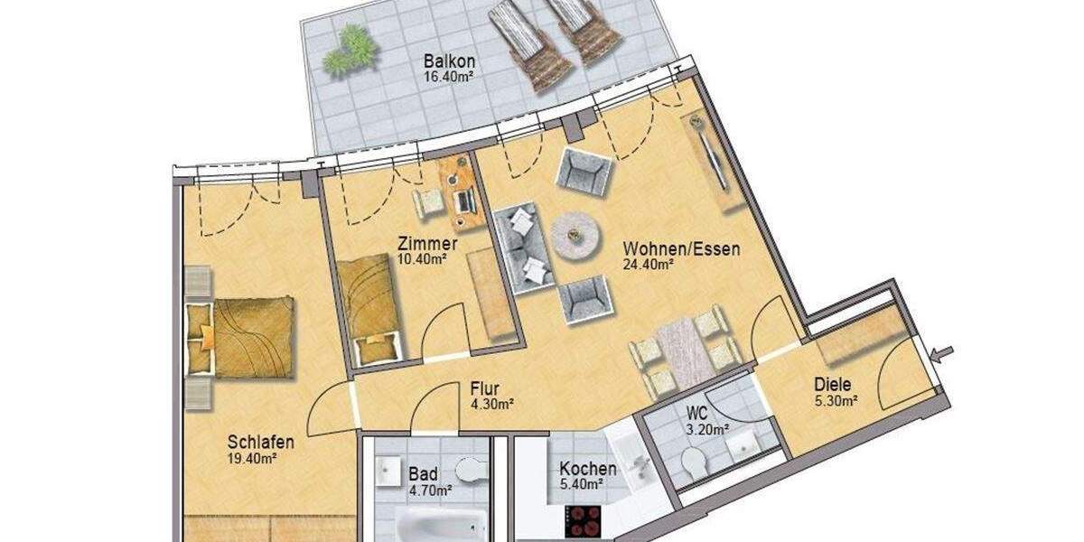 Etagenwohnung Düsseldorf Flingern Nord - 3 Zimmer, 85 m&sup2;, 1.375&euro; | Angebot:24781080