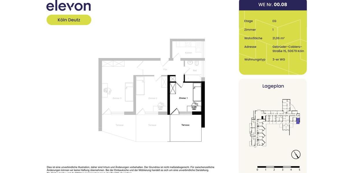 Erdgeschoßwohnung Köln Mülheim - 1 Zimmer, 21 m&sup2;, 364&euro; | Angebot:23051502