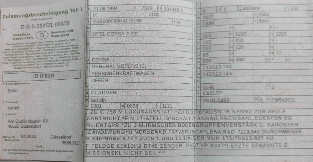 Opel Corsa A CC Cabrio Oldtimer Bj. 1984 72.155 km 12.500 € Düsseldorf 40213