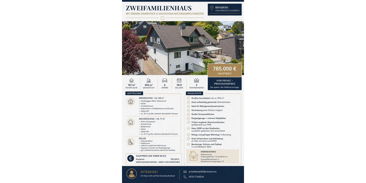 Einfamilienhaus Bergisch Gladbach Alt-Frankenforst - 785.000&euro; | Angebot:27534479